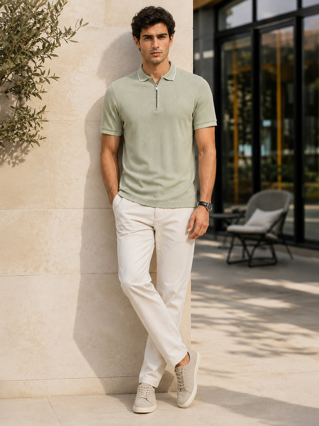 Sage Green Jacquard Half-Zip Polo With Tipped Collar