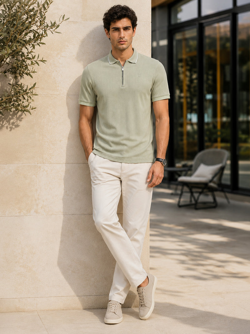 Sage Green Jacquard Half-Zip Polo With Tipped Collar