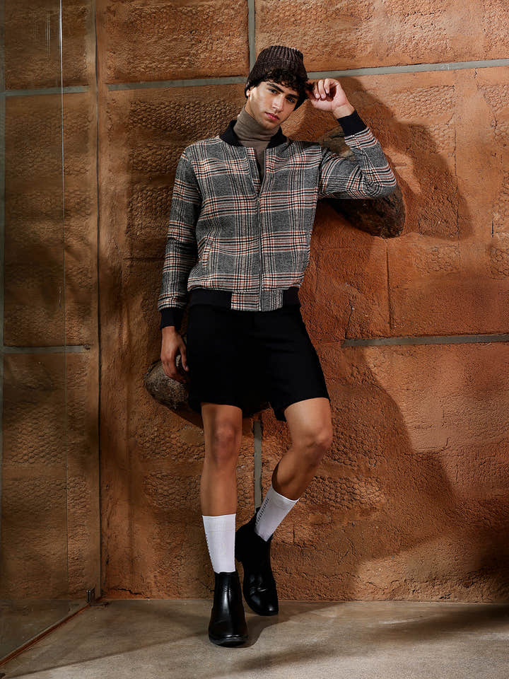 Tartan Plaid Jacket With Ribbed Hem