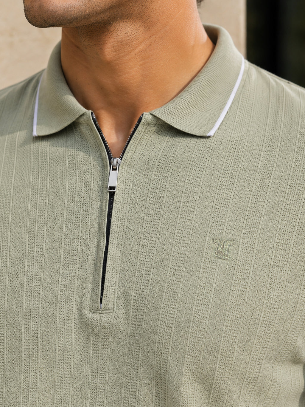 Sage Green Jacquard Half-Zip Polo With Tipped Collar