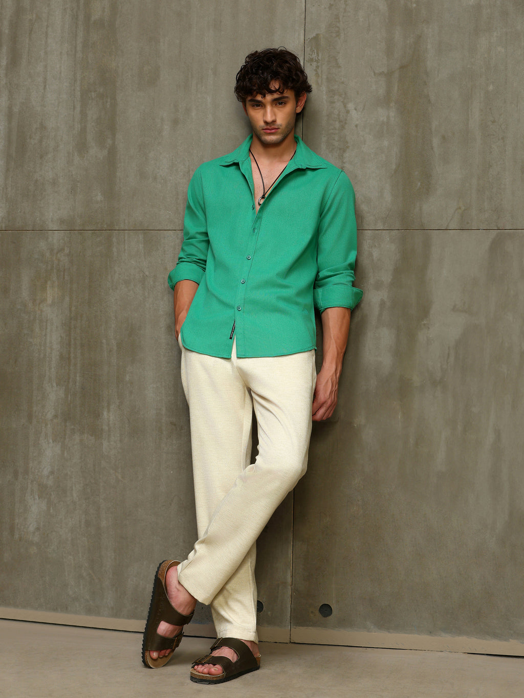 Green Double Collar Linen Blend Shirt