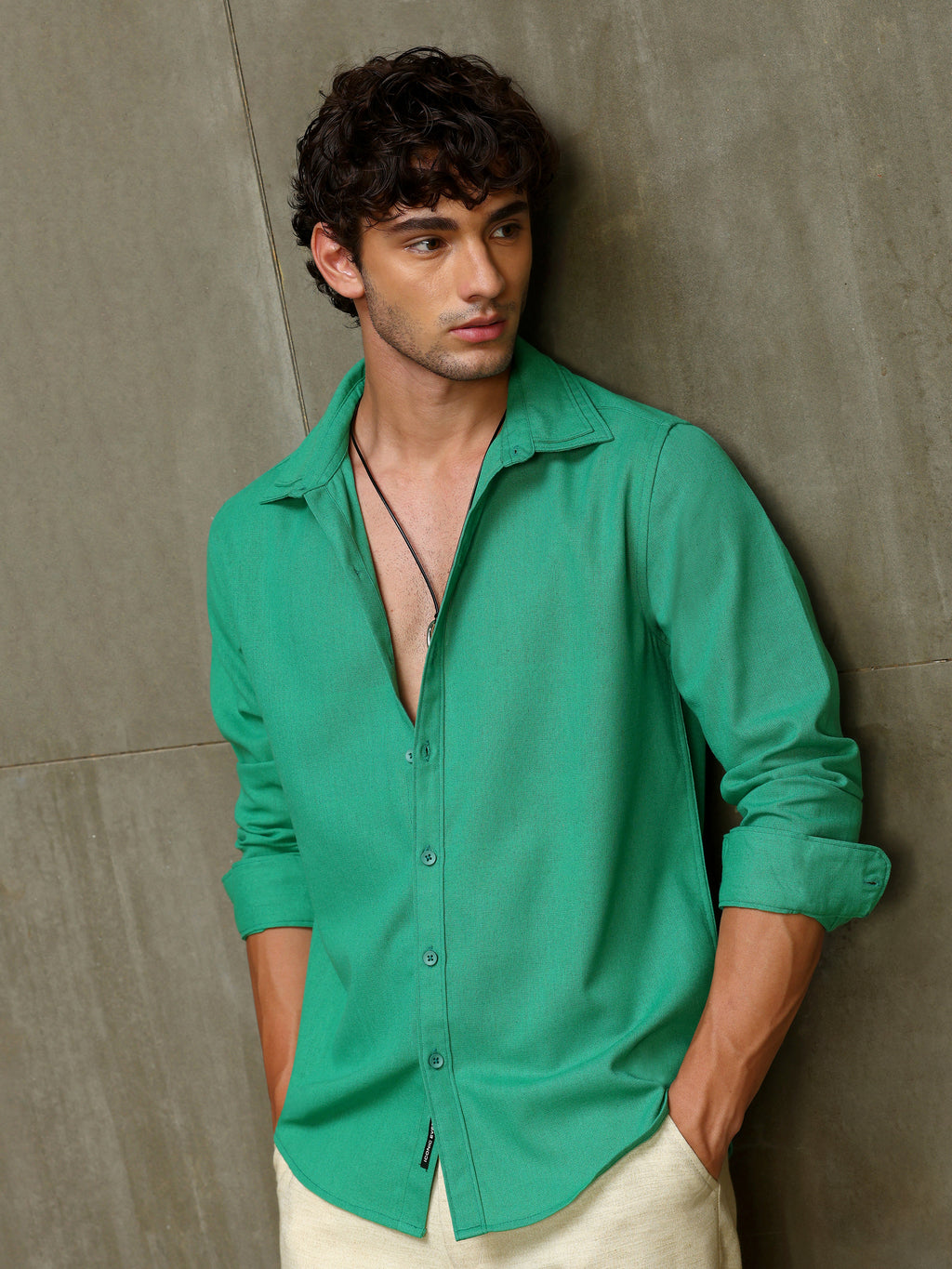 Green Double Collar Linen Blend Shirt