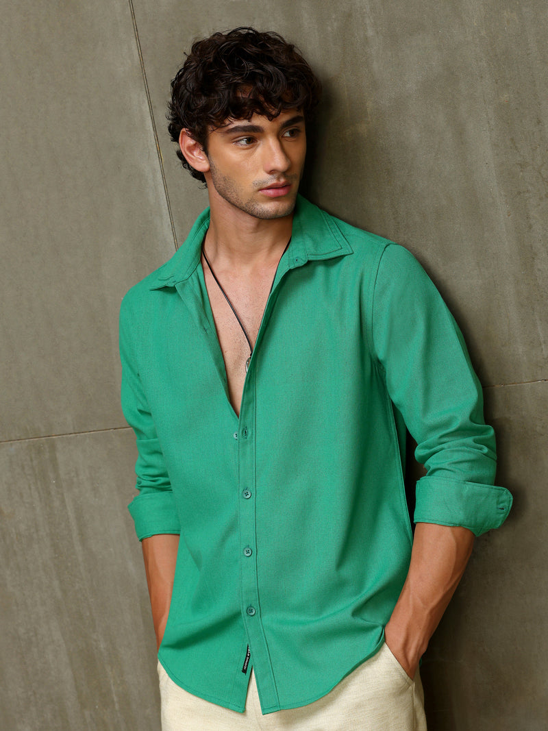 Green Double Collar Linen Blend Shirt