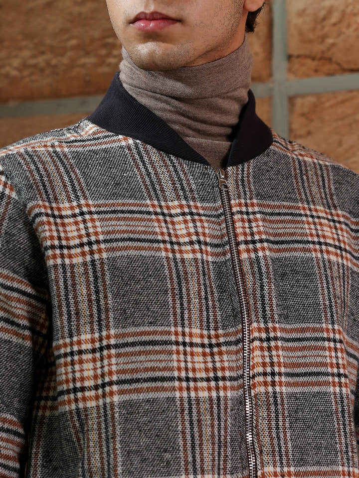 Tartan Plaid Jacket With Ribbed Hem