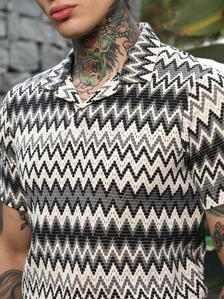 Zig-Zag Knit Polo T-Shirt