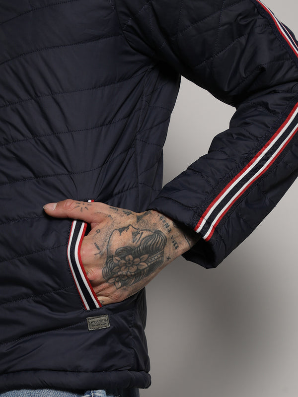 Quilted Puffer Jacket With Contrast Striped Sleeve