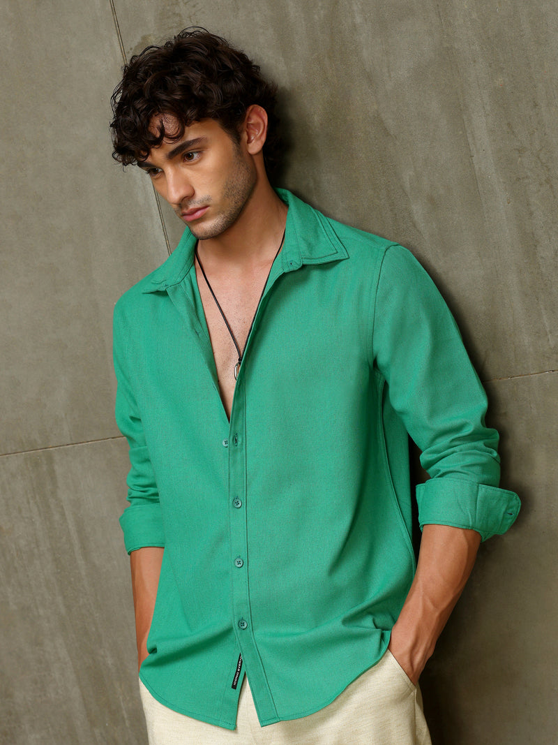 Green Double Collar Linen Blend Shirt