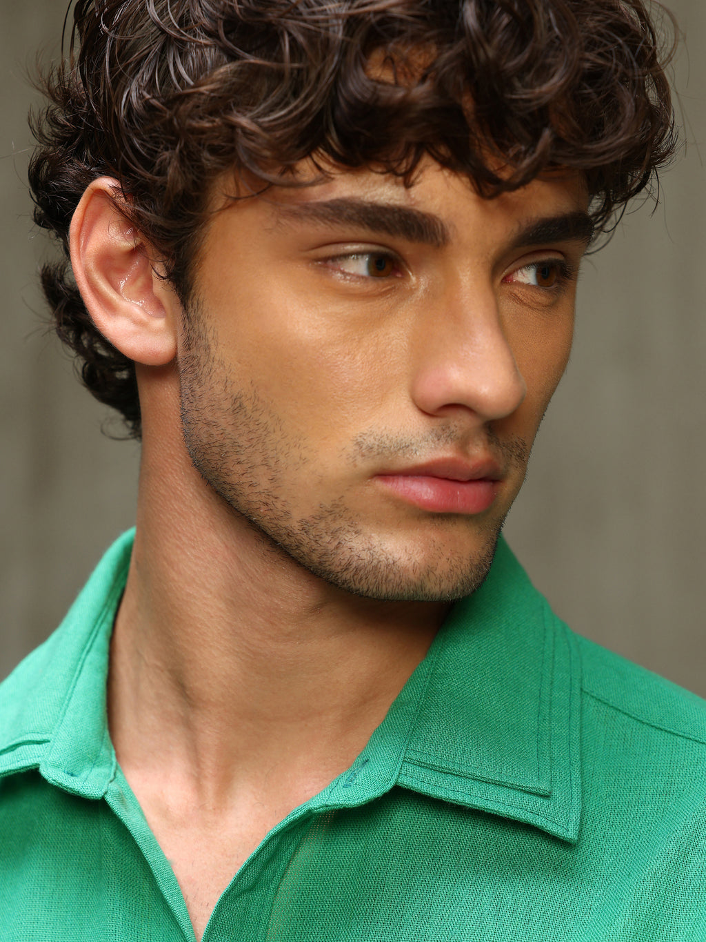 Green Double Collar Linen Blend Shirt
