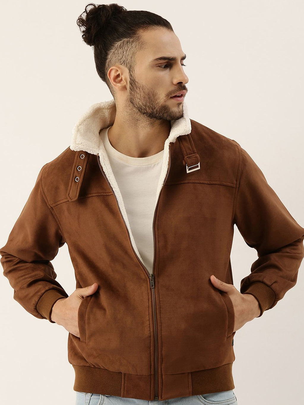 Fur-Lined Suede Bomber Jacket
