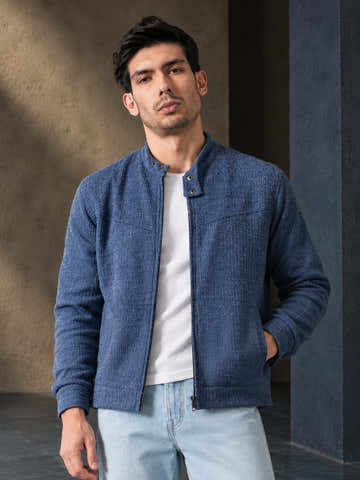 Denim Blue Textured Biker Jacket With Lining