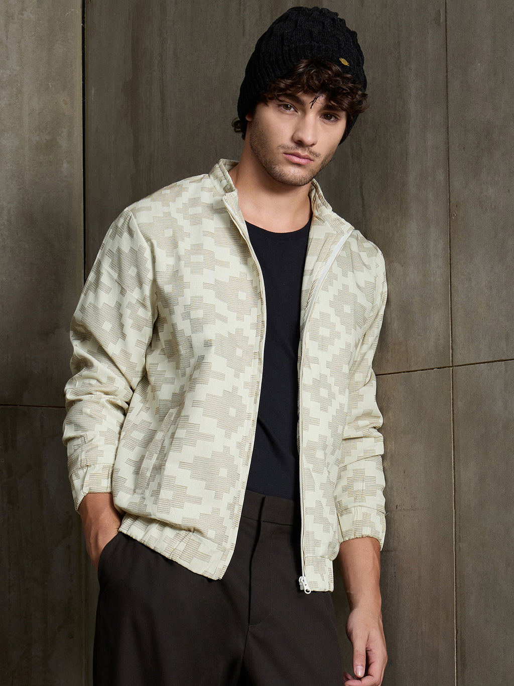 Cahoot Men's Cream Jacquard Cotton Harrington Jacket With Lining - view 1
