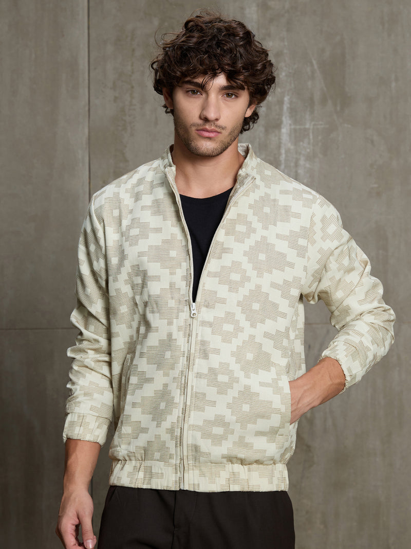 Cahoot Men's Cream Jacquard Cotton Harrington Jacket With Lining - view 2