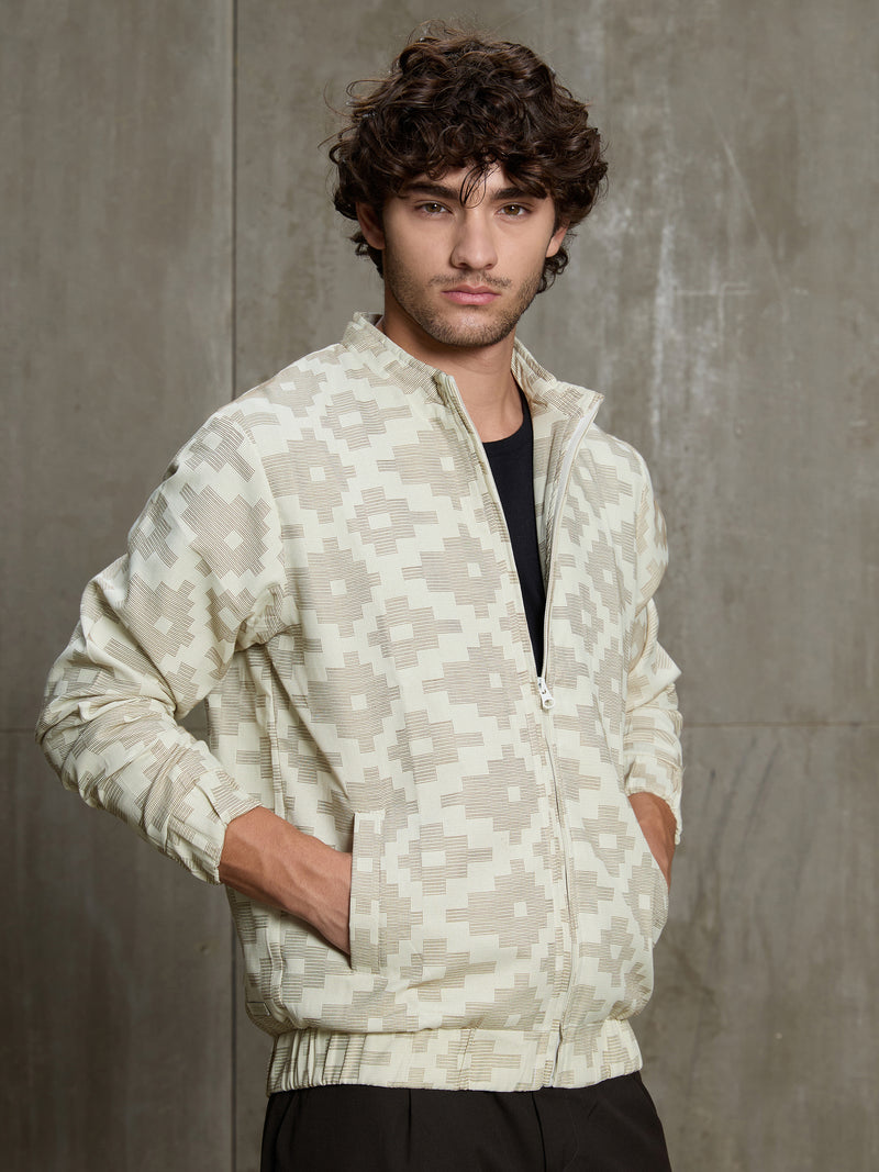 Cahoot Men's Cream Jacquard Cotton Harrington Jacket With Lining - view 3