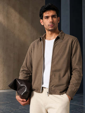 Coffee Brown Suede Coach Jacket With Lining
