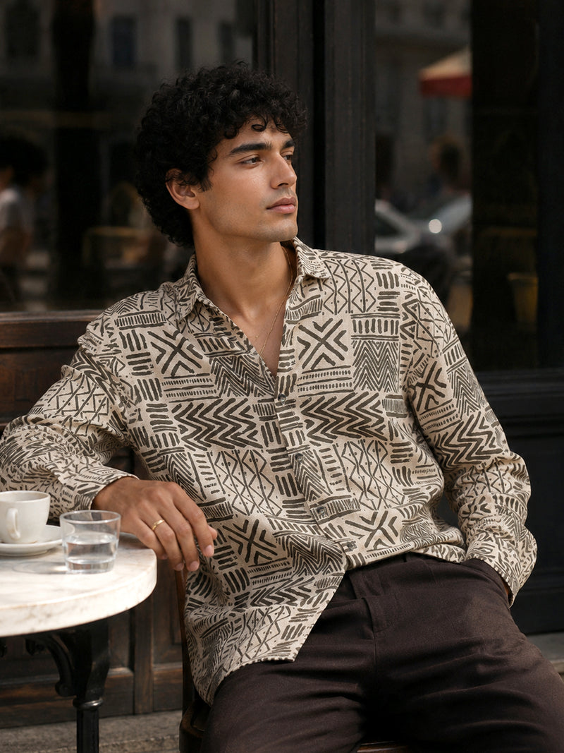 CAHOOT Men's Beige Tribal Printed Cotton Regular Fit Shirt - view 1