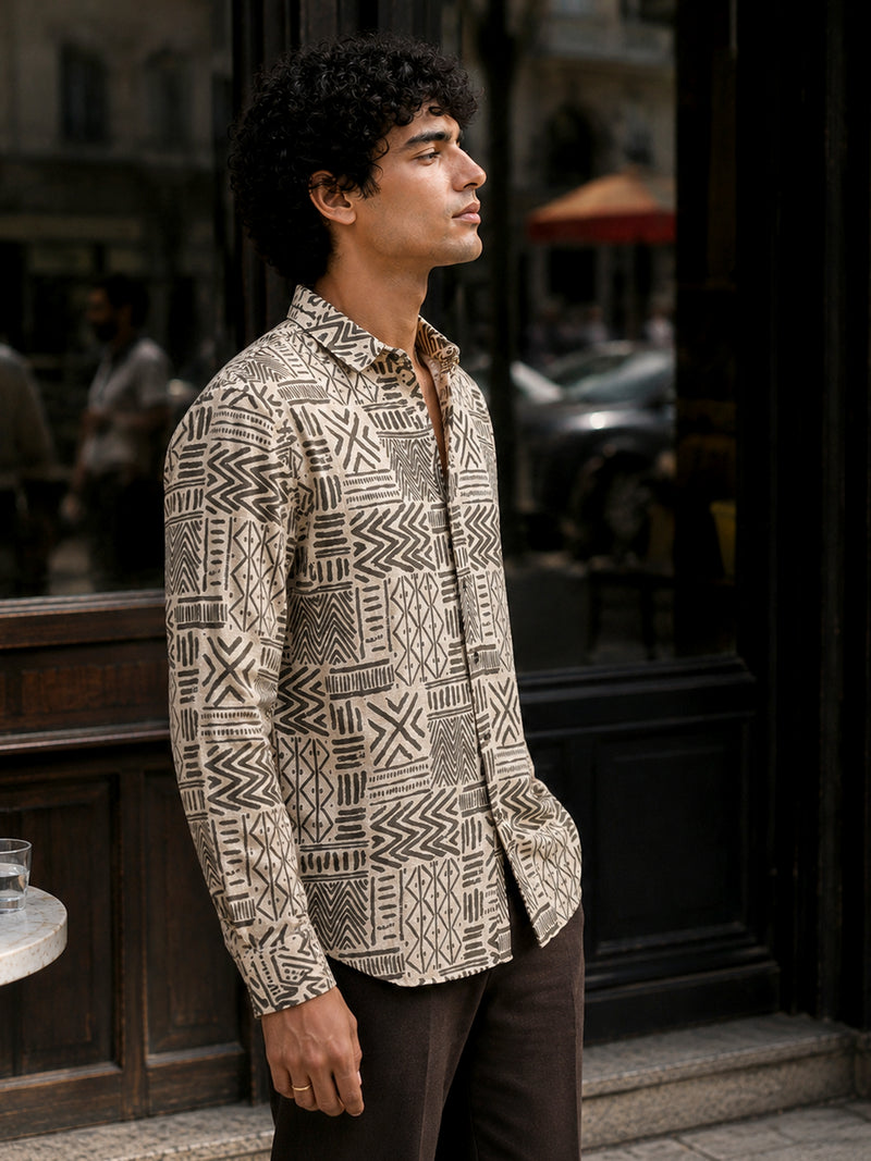 CAHOOT Men's Beige Tribal Printed Cotton Regular Fit Shirt - view 2