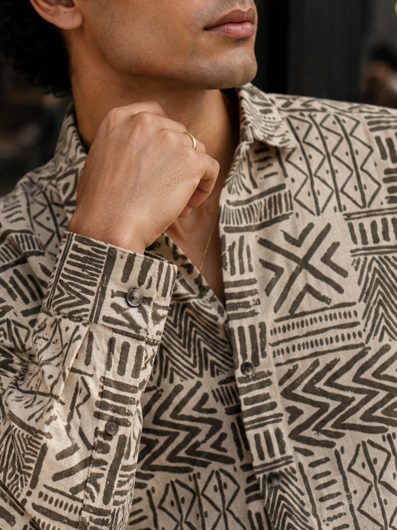 CAHOOT Men's Beige Tribal Printed Cotton Regular Fit Shirt - view 6