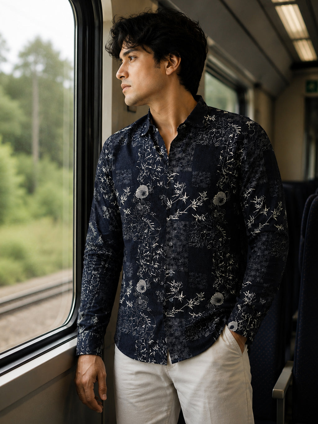 CAHOOT Men's Navy Floral Printed Cotton Regular Fit Shirt - view 2