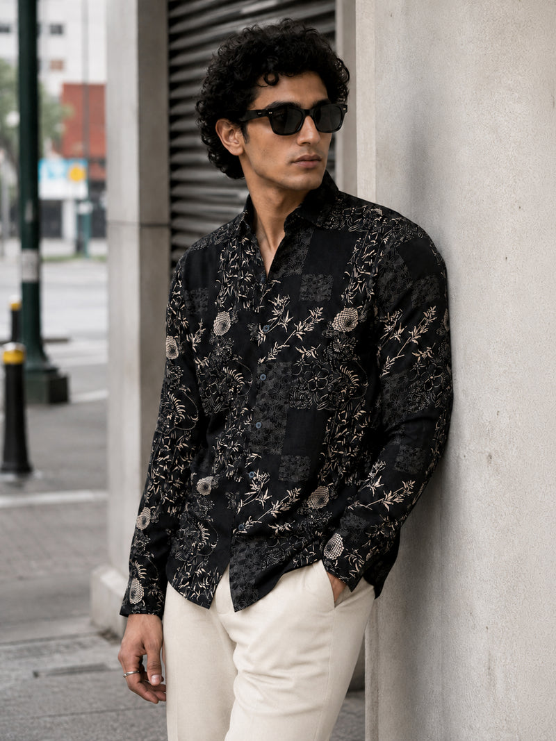 CAHOOT Men's Black Floral Printed Cotton Regular Fit Shirt - view 1