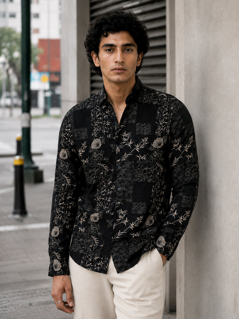 CAHOOT Men's Black Floral Printed Cotton Regular Fit Shirt - view 2