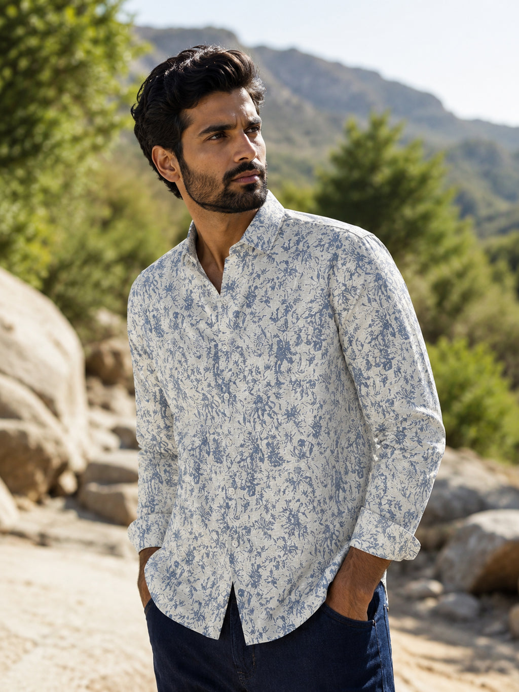 CAHOOT Men's Off-White Botanical Printed Cotton Mandarin Collar Shirt - view 1
