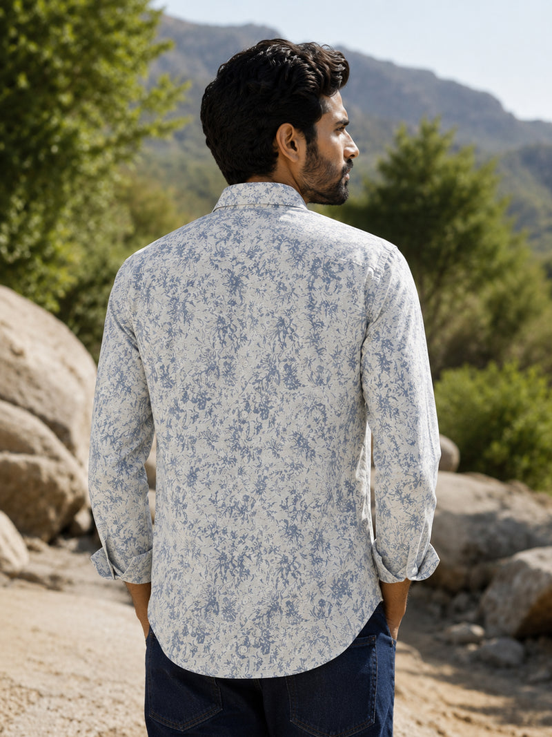 CAHOOT Men's Off-White Botanical Printed Cotton Mandarin Collar Shirt - view 3