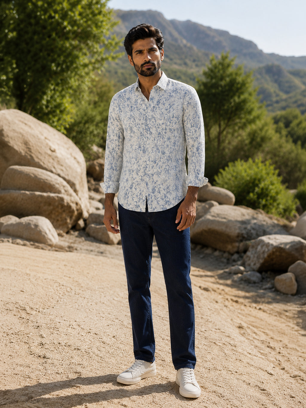 CAHOOT Men's Off-White Botanical Printed Cotton Mandarin Collar Shirt - view 4
