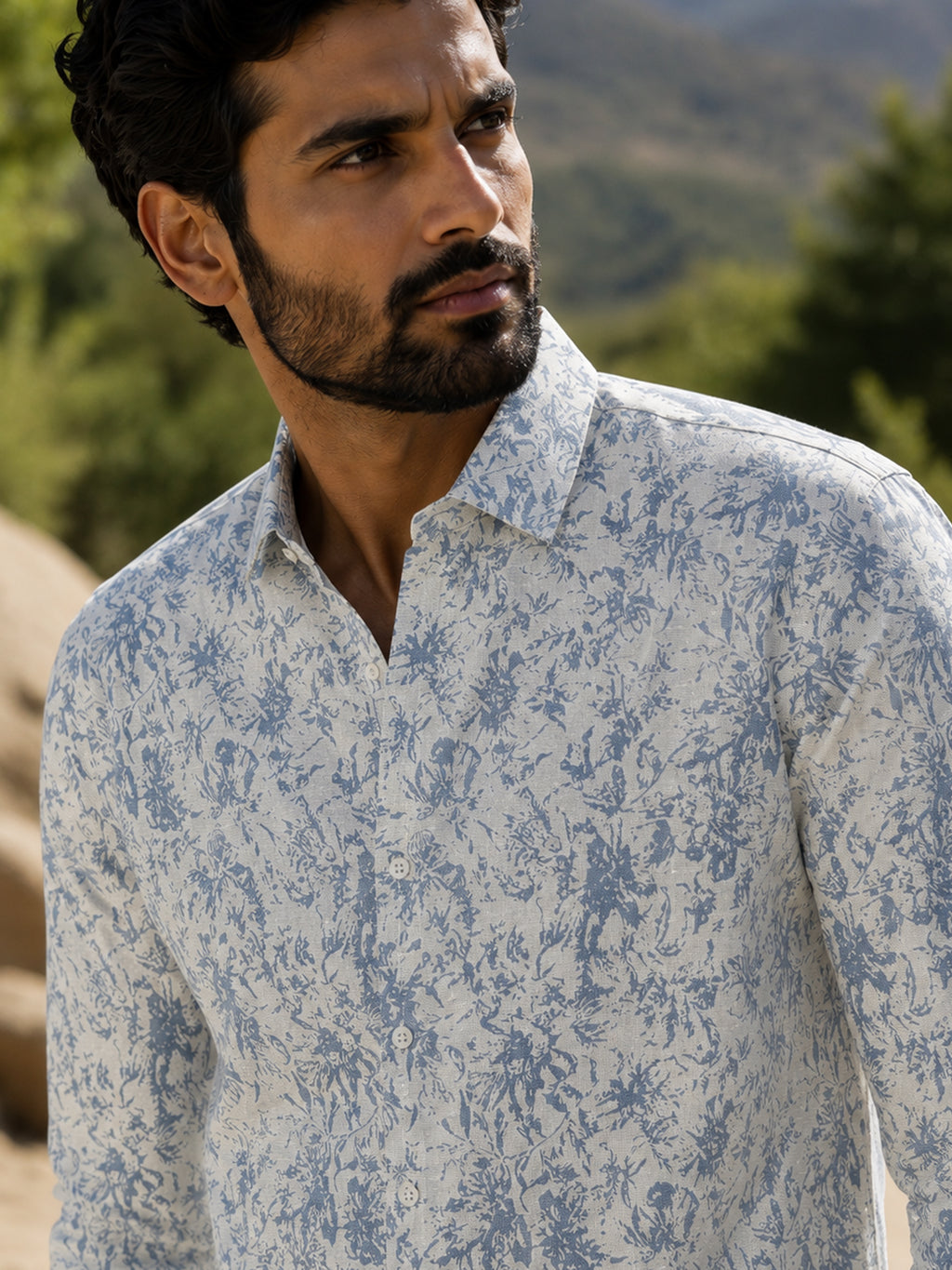 CAHOOT Men's Off-White Botanical Printed Cotton Mandarin Collar Shirt - view 5