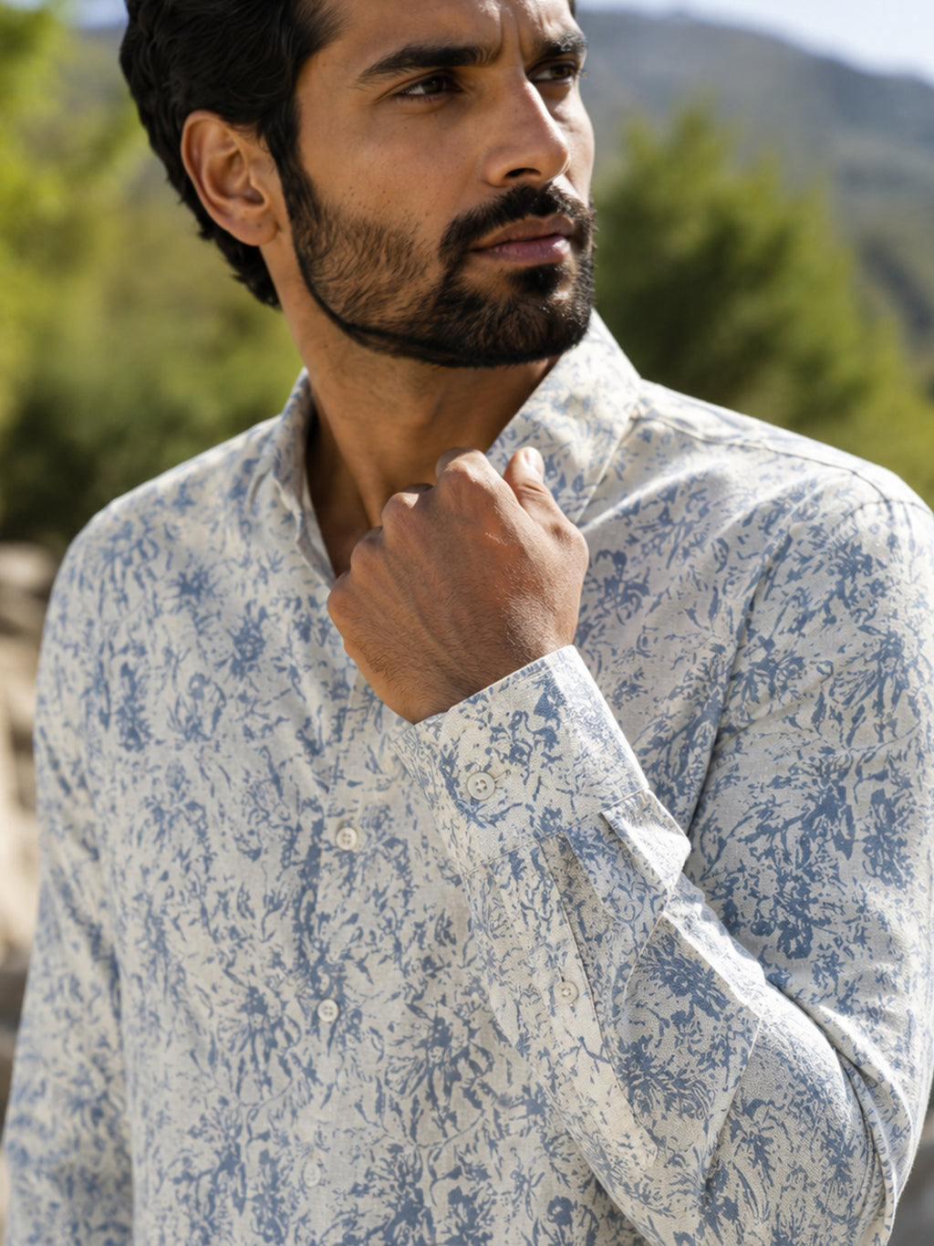 CAHOOT Men's Off-White Botanical Printed Cotton Mandarin Collar Shirt - view 6