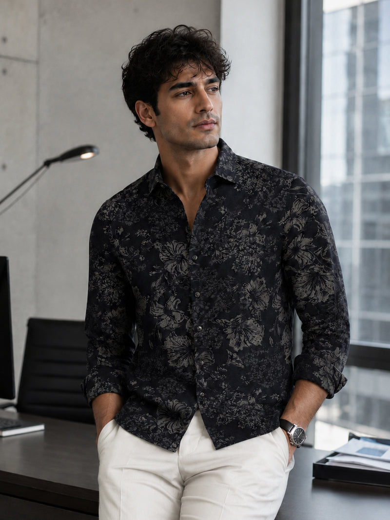 CAHOOT Men's Black Tonal Floral Printed Cotton Regular Fit Shirt - view 1