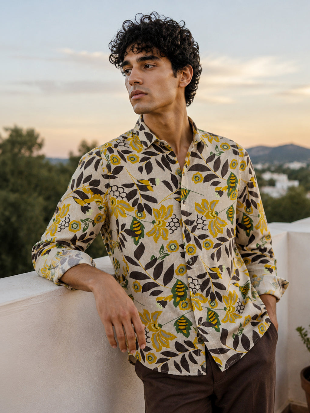 CAHOOT Men's Cream Yellow Floral Printed Cotton Regular Fit Shirt - view 1