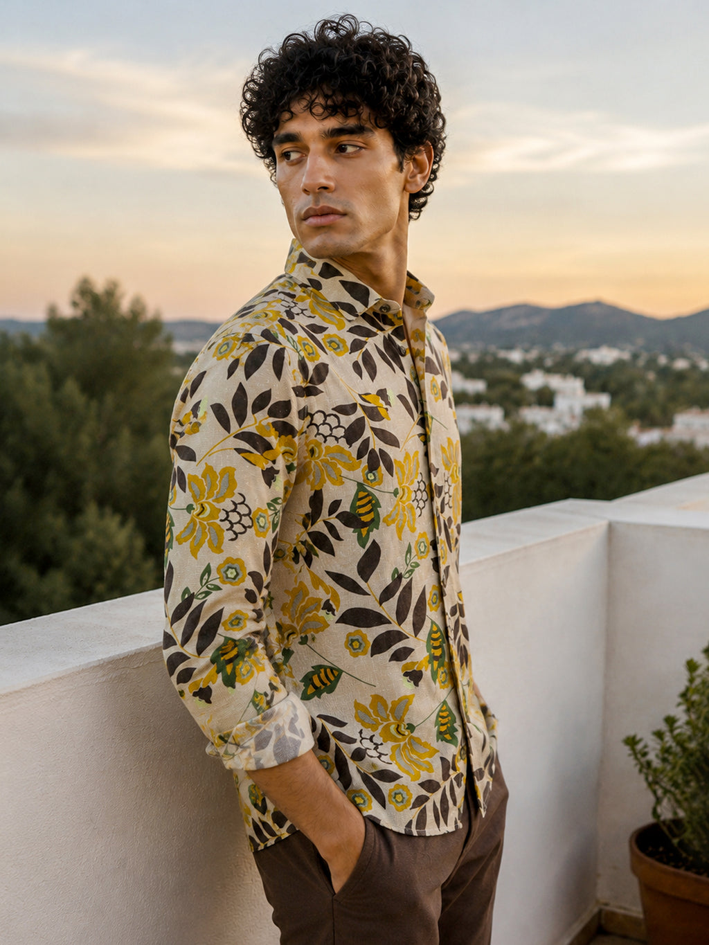 CAHOOT Men's Cream Yellow Floral Printed Cotton Regular Fit Shirt - view 2
