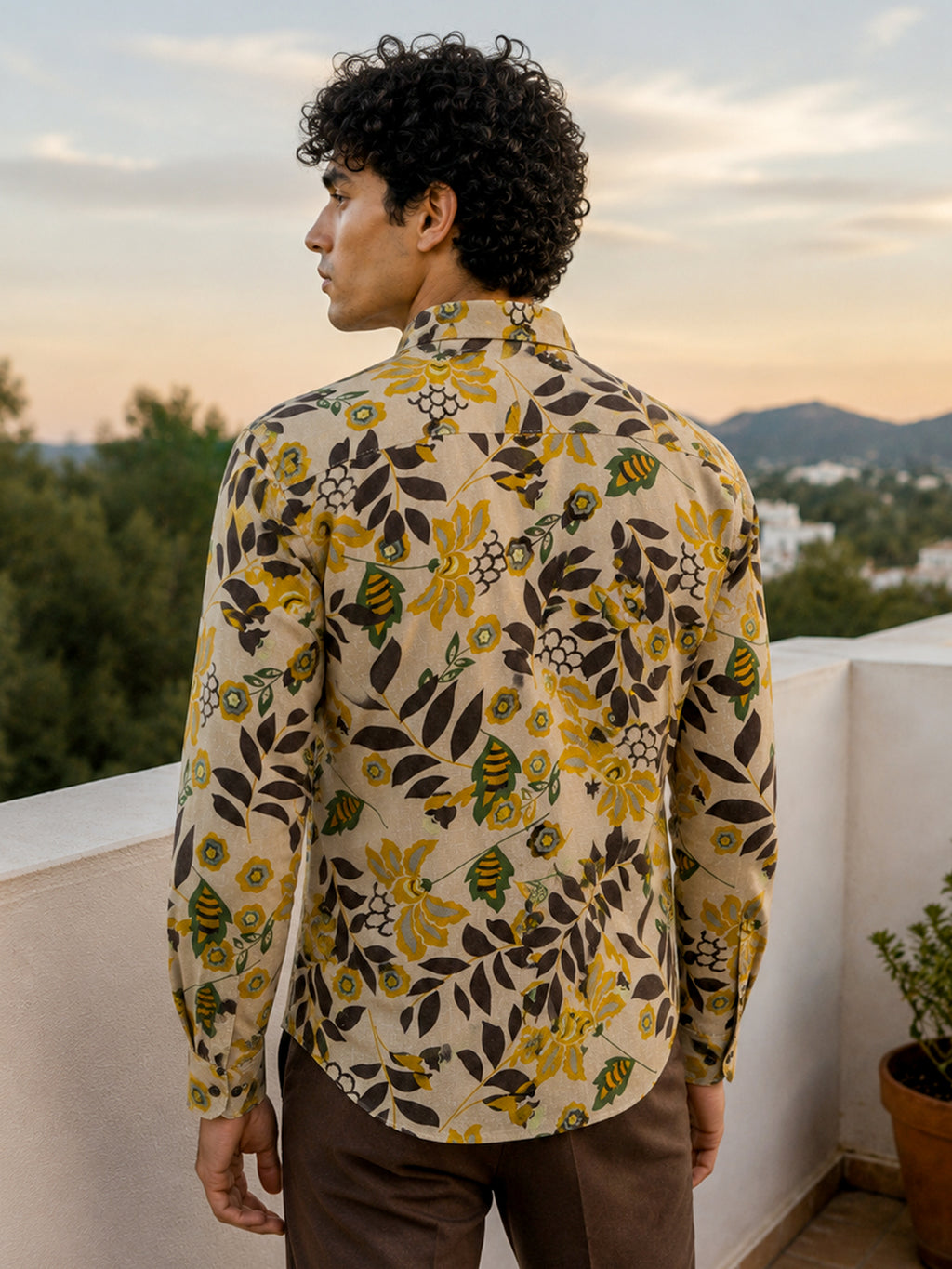 CAHOOT Men's Cream Yellow Floral Printed Cotton Regular Fit Shirt - view 3