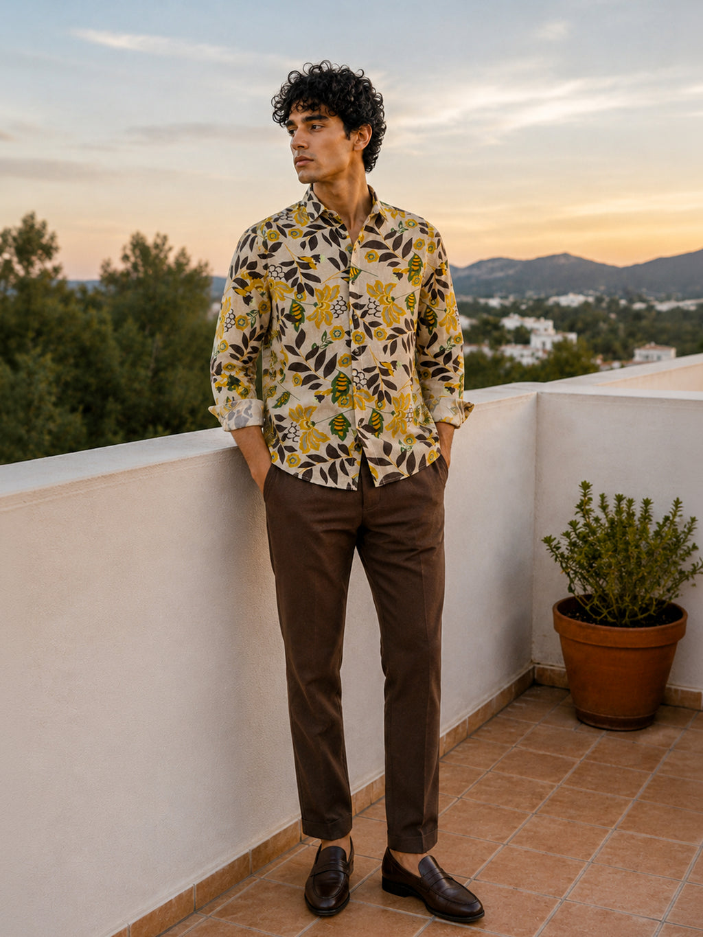 CAHOOT Men's Cream Yellow Floral Printed Cotton Regular Fit Shirt - view 4