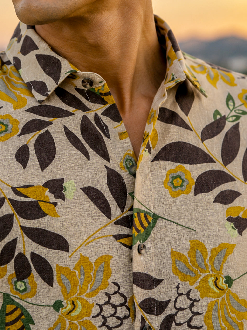 CAHOOT Men's Cream Yellow Floral Printed Cotton Regular Fit Shirt - view 5