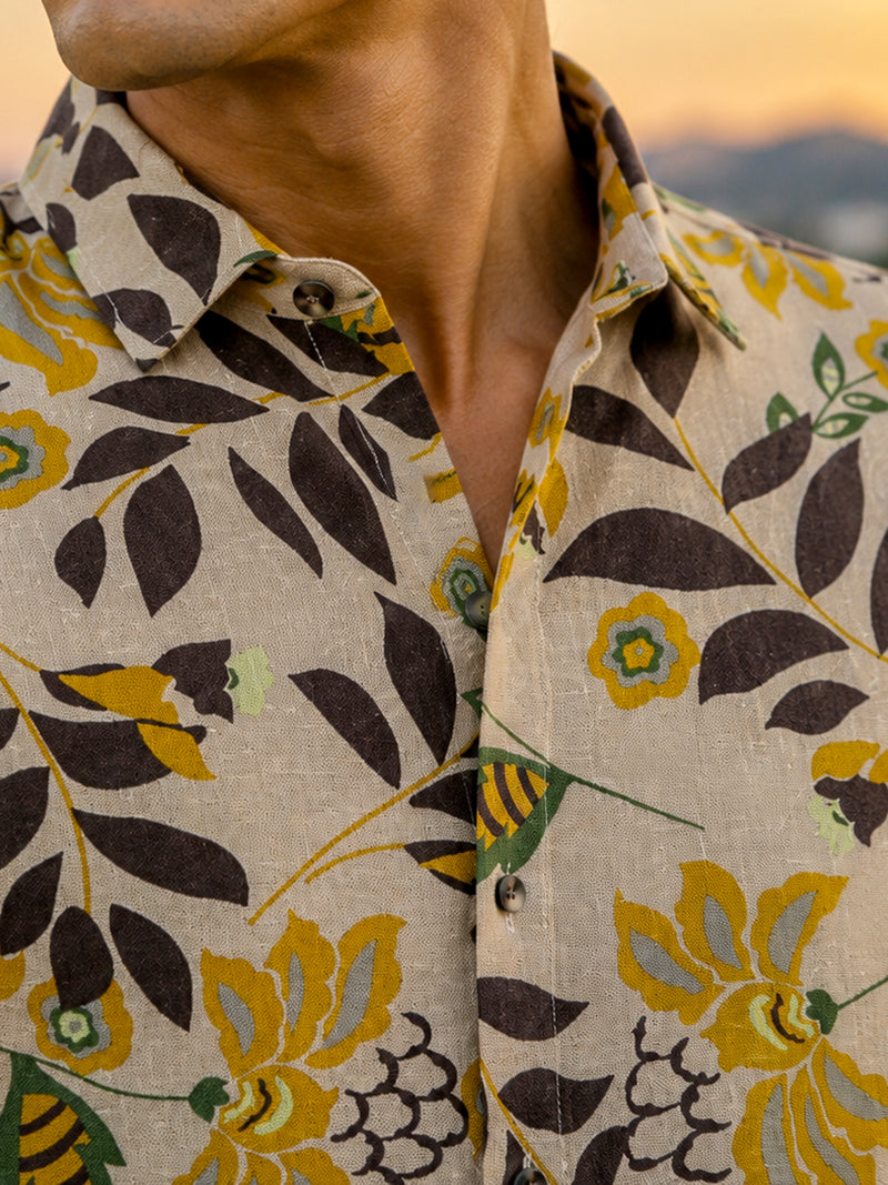 CAHOOT Men's Cream Yellow Floral Printed Cotton Regular Fit Shirt - view 5