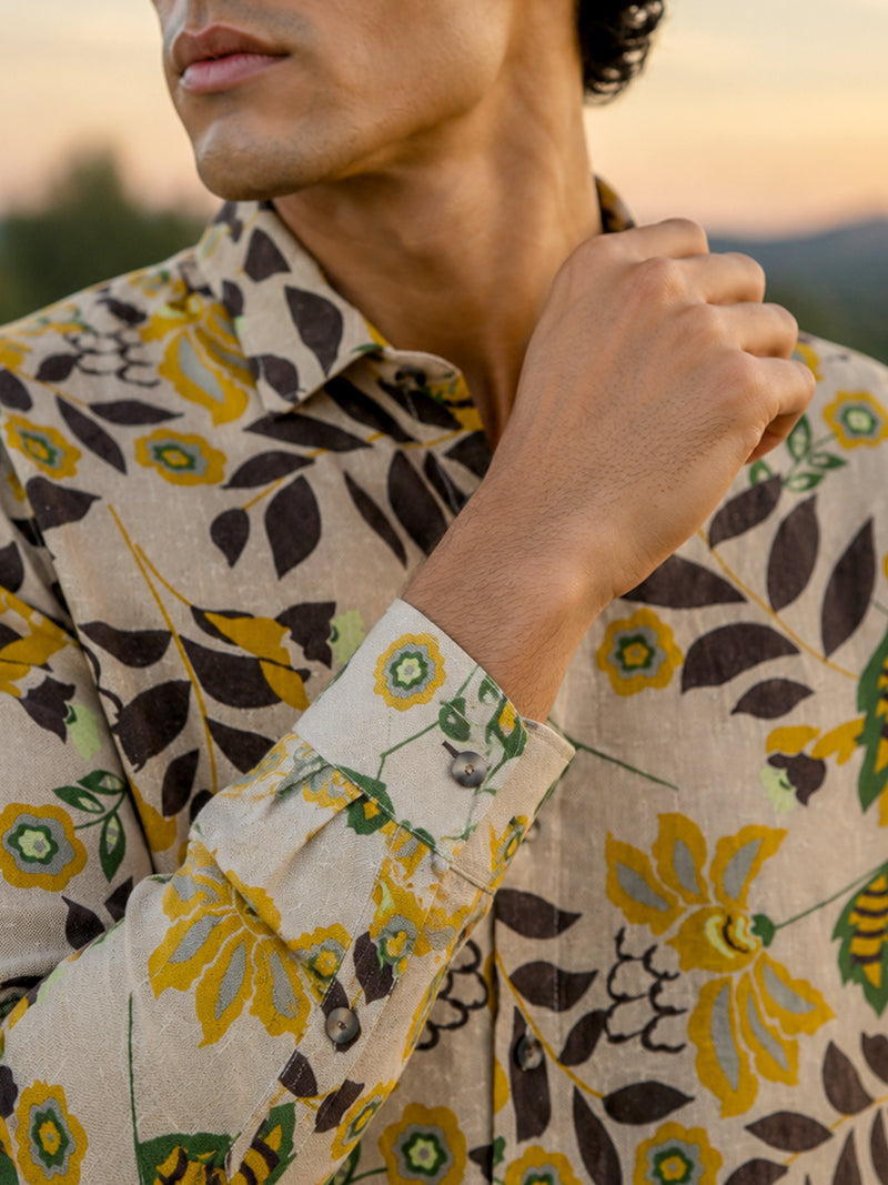 CAHOOT Men's Cream Yellow Floral Printed Cotton Regular Fit Shirt - view 6