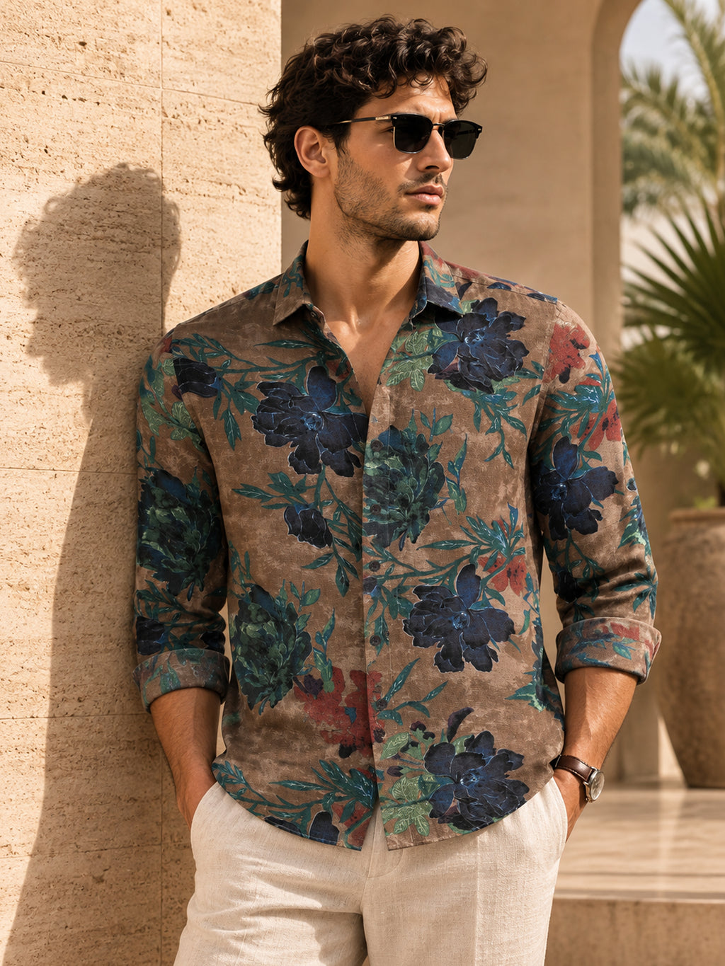 CAHOOT Men's Brown & Blue Botanical Printed Regular Fit Shirt - view 1