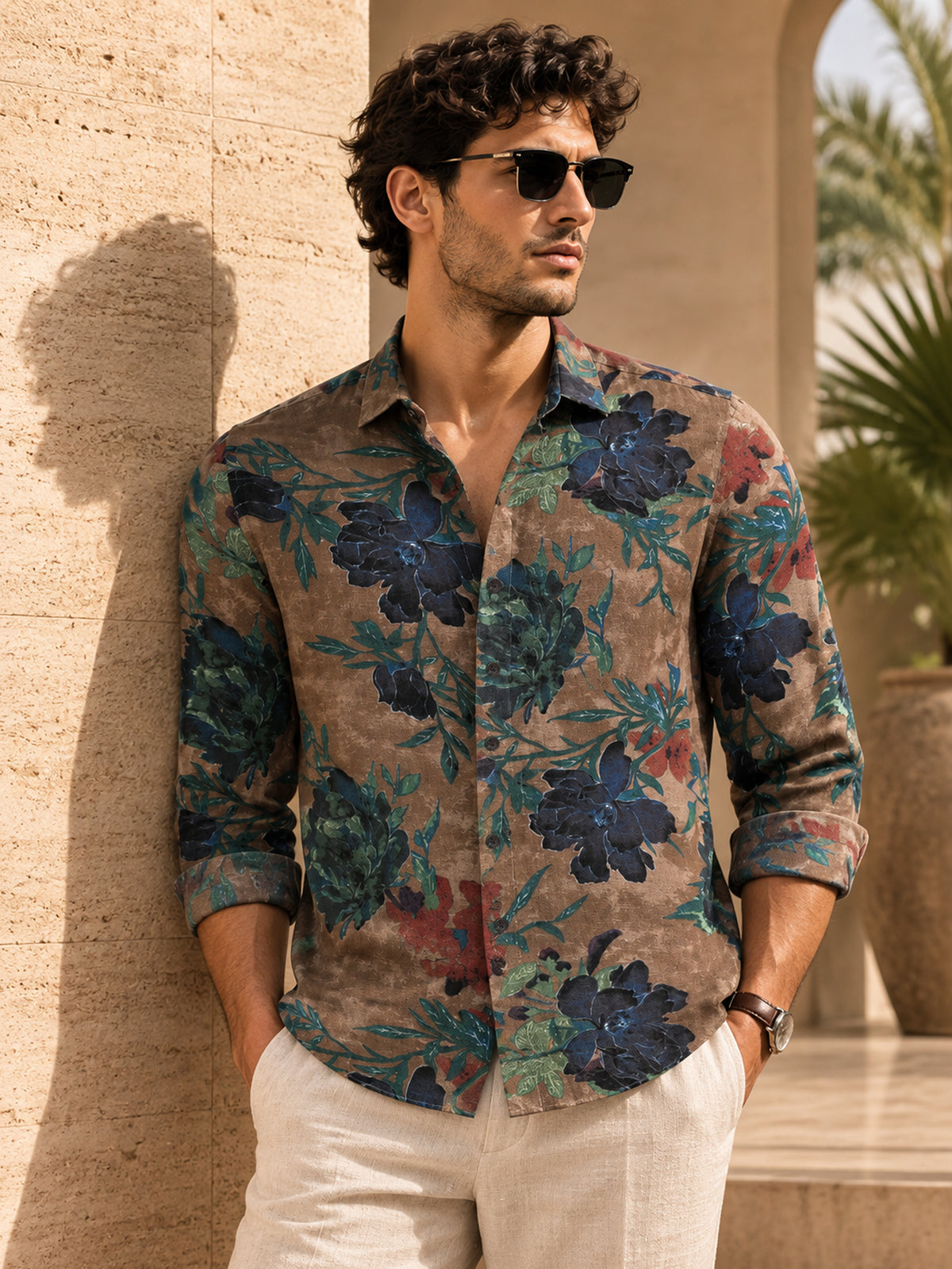 CAHOOT Men's Brown & Blue Botanical Printed Regular Fit Shirt - view 1