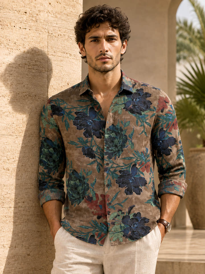 CAHOOT Men's Brown & Blue Botanical Printed Regular Fit Shirt - view 2
