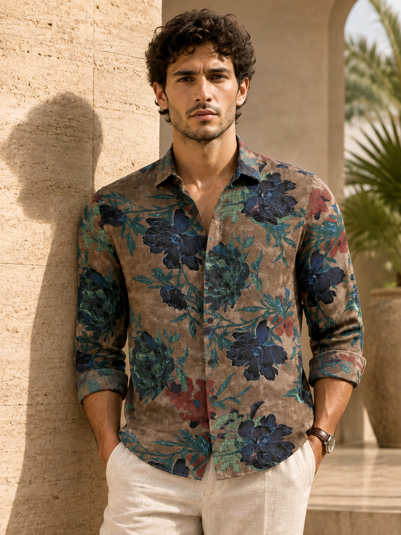 CAHOOT Men's Brown & Blue Botanical Printed Regular Fit Shirt - view 2