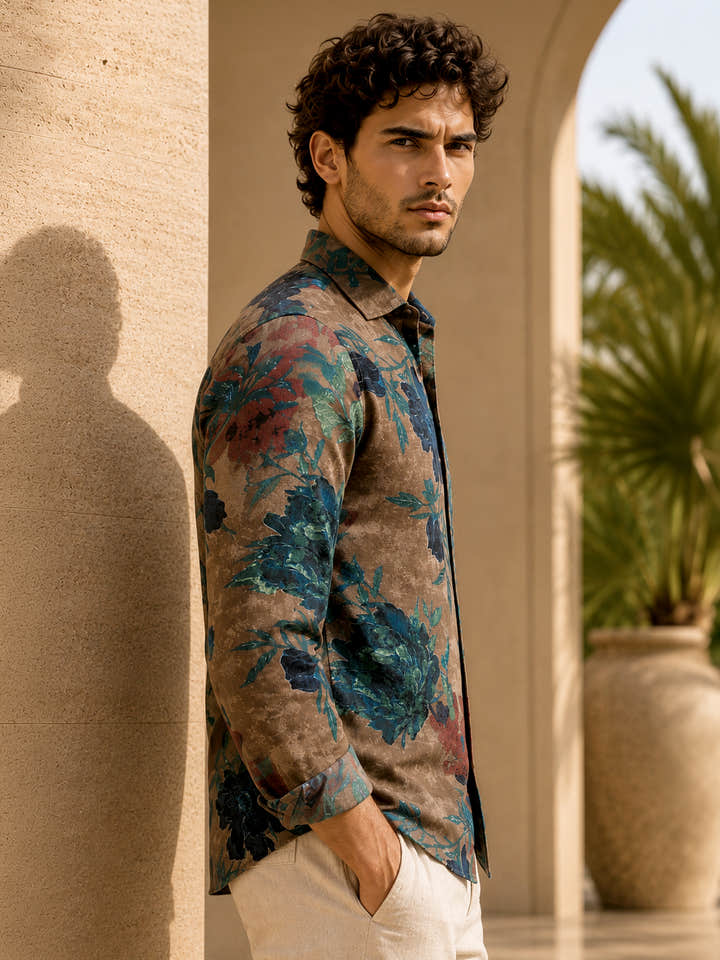 CAHOOT Men's Brown & Blue Botanical Printed Regular Fit Shirt - view 3