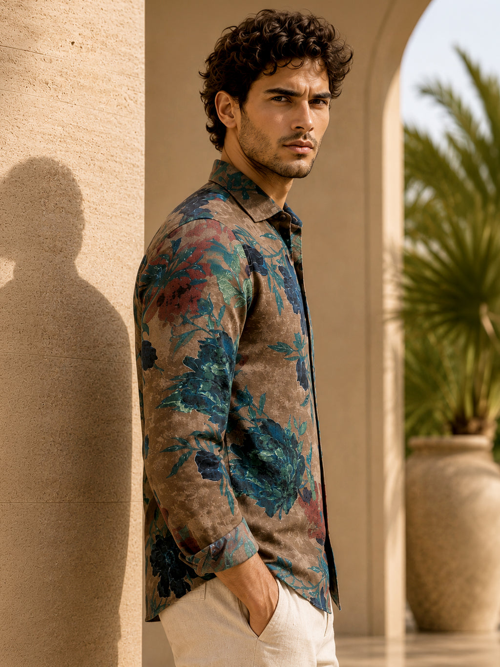 CAHOOT Men's Brown & Blue Botanical Printed Regular Fit Shirt - view 3