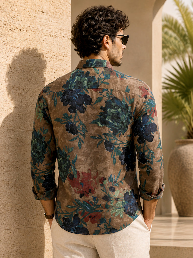 CAHOOT Men's Brown & Blue Botanical Printed Regular Fit Shirt - view 4