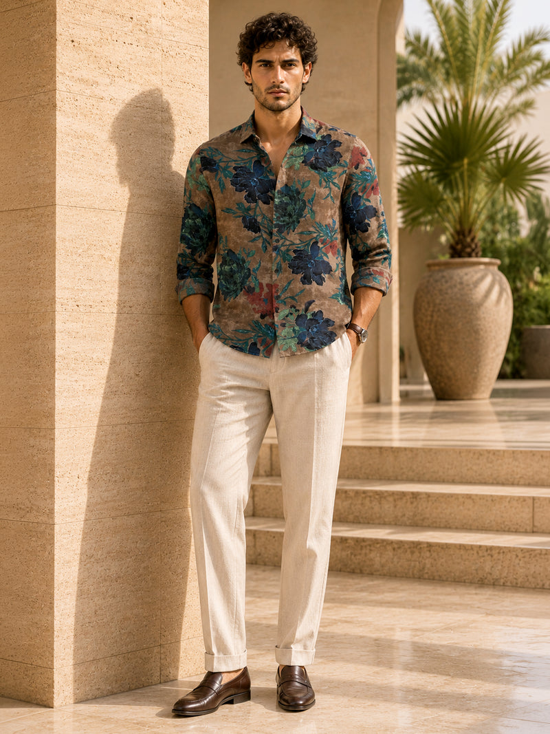 CAHOOT Men's Brown & Blue Botanical Printed Regular Fit Shirt - view 5