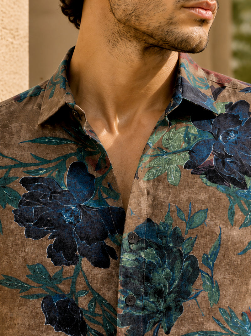 CAHOOT Men's Brown & Blue Botanical Printed Regular Fit Shirt - view 6