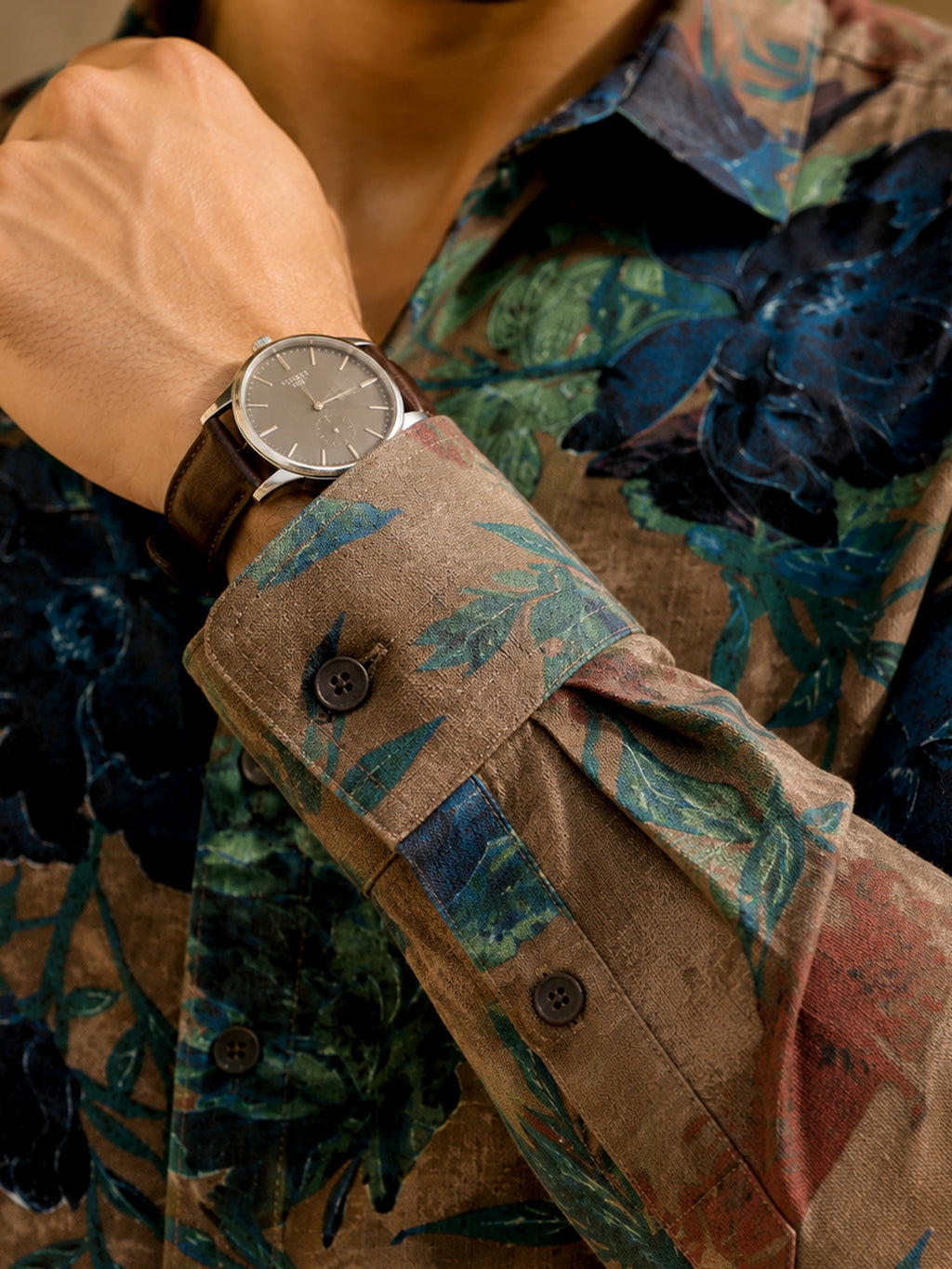 CAHOOT Men's Brown & Blue Botanical Printed Regular Fit Shirt - view 7