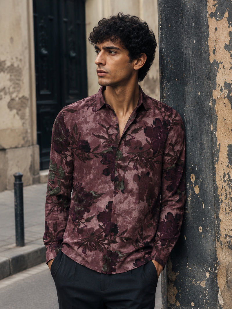 CAHOOT Men's Maroon Floral Printed Cotton Regular Fit Shirt - view 1