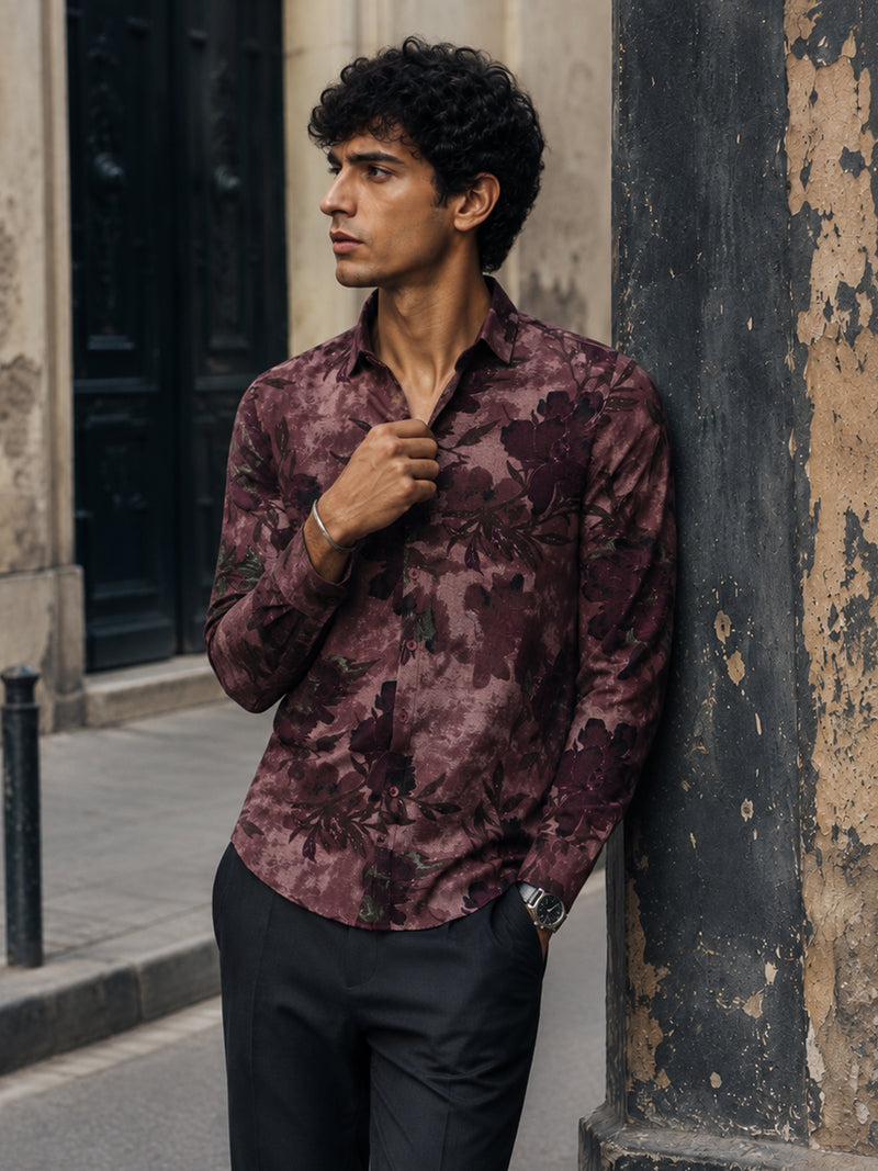 CAHOOT Men's Maroon Floral Printed Cotton Regular Fit Shirt - view 2