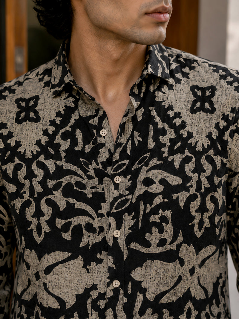CAHOOT Men's Black Damask Printed Cotton Regular Fit Shirt - view 5